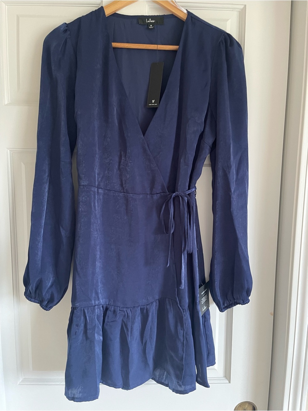 Lulu's Navy Blue Satin Wrap Mini Dress with Waist Tie